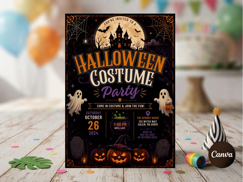 May include: A rectangular Halloween costume party invitation card featuring a haunted house silhouette against a full moon, two ghosts, three jack-o'-lanterns, and text including "Halloween Costume Party," "Saturday October 26 2024," and "The Spooky House 123 Witch Way Salem MA 01970."