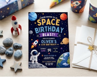 Space Birthday Invitation Template, Editable Astronaut Party Invite, Outer Space Bday Evite,Rocket Ship Blast Off Theme Galaxy Solar Digital