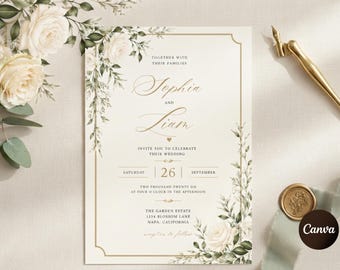 Elegant White Rose Wedding Invitation Template, Editable Botanical Garden Invite, Neutral Floral Card, Instant Download