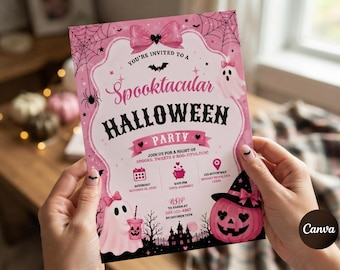 Halloween Birthday Invitation, Editable Pink Spooktacular Halloween Party Invite, Girl Halloween Bday Template,Ghost  Evite,Instant Download
