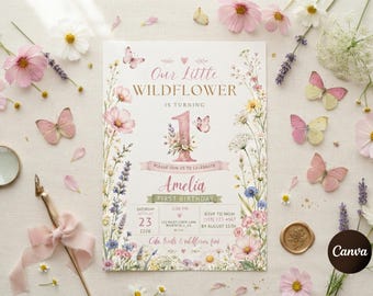 Wildflower First Birthday Invitation, Editable Our Little Floral 1st Birthday Template, Botanical Girl Birthday Invite, Instant Download