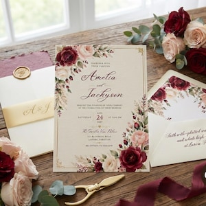 Mall för bröllopsinbjudan, redigerbar vinröd och blush blommig inbjudan, elegant rödbrun ros bröllopsinbjudan, botaniskt äktenskap, ladda ner
