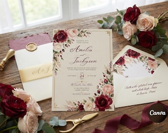 Wedding Invitation Template, Editable Burgundy and Blush Floral Invite, Elegant Maroon Rose Wedding Evite, Botanical Marriage , Download