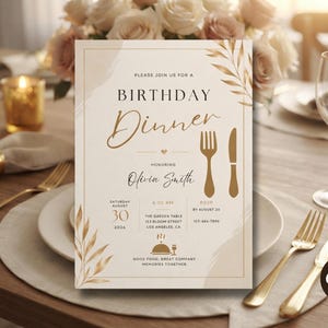Birthday Dinner Invitation, Editable Minimalist Gold Dining Template, Elegant Adult Milestone Party Invite, Instant Download