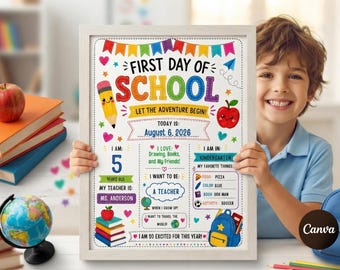 First Day of School Sign Template, Editable Back to School Chalkboard Poster, Kindergarten Sign Digital Download, Canva Template
