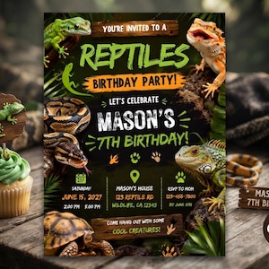 May include: A reptile-themed birthday party invitation featuring a green lizard, a snake, an iguana, and a tortoise. The text reads: YOU'RE INVITED TO A REPTILES BIRTHDAY PARTY! LET'S CELEBRATE MASON'S 7TH BIRTHDAY! SATURDAY JUNE 15, 2027 2:00 PM 5:00 PM.