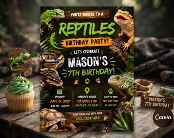 Reptile Birthday Invitation, Snake Lizard Party Invite, 7th Birthday Template, Boy Reptile Bday Invite, Cool Creatures Evite, Download