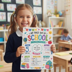 以下が含まれることがあります： My First Day of Schoolと書かれた白い長方形の看板。地球儀、リンゴ、本、バックパックのカラフルなイラストが描かれています。年齢、興味、目標を記入する欄があり、I am 5 years old、2026年9月4日というテキストが記載されています。