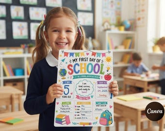 First Day of School Sign Template, Editable Back to School Poster, Kindergarten Sign Digital Download, Canva Template