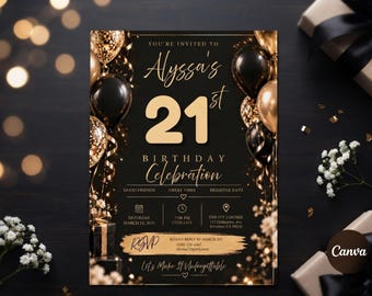 Sjabloon voor een uitnodiging voor een 21e verjaardag, bewerkbare luxe zwart-gouden feestuitnodiging, mijlpaal verjaardagskaart, glitterballonnen, direct te downloaden
