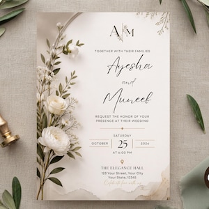 Op de afbeelding: Een trouwuitnodigingskaart met een crèmekleurige achtergrond en witte bloemillustraties aan de linkerkant. De tekst luidt A M, Ayesha and Muneeb, request the honor of your presence at their wedding, Saturday October 25 2026 at 6:00 PM, The Elegance Hall.