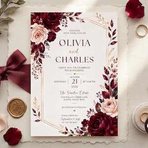 Puede incluir: Una tarjeta de invitación de boda con arreglos florales en color burdeos y rosa pálido, bordes geométricos dorados y texto impreso para Olivia y Charles el 21 de octubre de 2026, en The Garden Estate, 1254 Willow Creek Lane, Austin, Texas 78701.