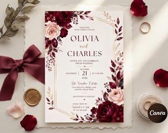 Burgundy Wedding Invitation Template, Editable Floral Marriage Invite, Fall Wedding Announcement, Elegant Gold Frame Evite, Instant Download