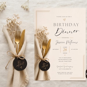 Op de afbeelding: Een uitnodigingskaart voor een verjaardagsdiner op cr&egrave;mekleurig papier met gouden tekst en randen. De tekst luidt: PLEASE JOIN US FOR A BIRTHDAY DINNER HONORING JESSICA WILLIAMS SATURDAY JUNE 28 2026 AT 6:30 PM THE IVY RESTAURANT 1234 BLOOMFIELD LANE DALLAS TEXAS 75201.
