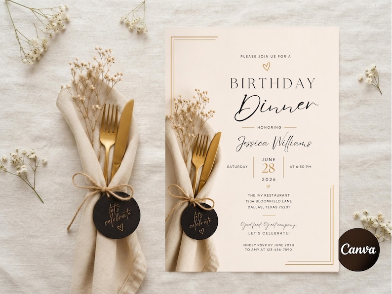 Op de afbeelding: Een uitnodigingskaart voor een verjaardagsdiner op cr&egrave;mekleurig papier met gouden tekst en randen. De tekst luidt: PLEASE JOIN US FOR A BIRTHDAY DINNER HONORING JESSICA WILLIAMS SATURDAY JUNE 28 2026 AT 6:30 PM THE IVY RESTAURANT 1234 BLOOMFIELD LANE DALLAS TEXAS 75201.