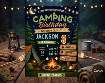 Camping Birthday Invitation, Editable Campfire Party Template, Boy 8th Bday Invite, S'mores Theme Evite, Adventure Forest Celebration