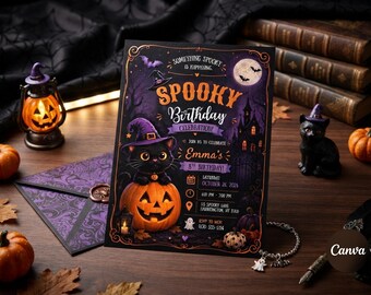 Spooky Birthday Invitation, Halloween Birthday Party Invite Template, Editable Black Cat Pumpkin Invite,Kids Halloween Bday,Instant Download
