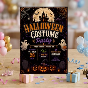 May include: A rectangular Halloween costume party invitation card featuring a haunted house, ghosts, pumpkins, and a full moon. The text reads Halloween Costume Party, October 26, 2024, 7:00 PM, and The Spooky House, 123 Witch Way, Salem, MA 01970.