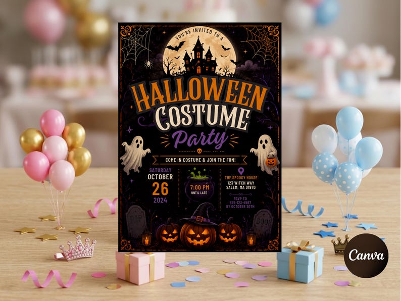 May include: A rectangular Halloween costume party invitation card featuring a haunted house, ghosts, pumpkins, and a full moon. The text reads Halloween Costume Party, October 26, 2024, 7:00 PM, and The Spooky House, 123 Witch Way, Salem, MA 01970.