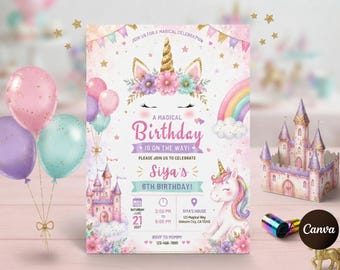 Magische eenhoorn verjaardagskaart, bewerkbare pastel regenboog uitnodiging voor de 6e verjaardag, sprookjeskasteel feestkaart, direct te downloaden