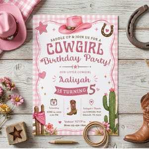 Pink Cowgirl Birthday Invitation, Editable Western Party Invite Template, Saddle Up Rodeo Girl 5th Bday Digital Evite, Cactus Boot Theme
