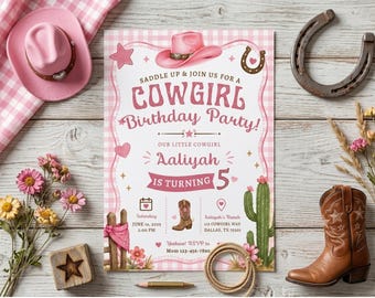 Pink Cowgirl Birthday Invitation, Editable Western Party Invite Template, Saddle Up Rodeo Girl 5th Bday Digital Evite, Cactus Boot Theme