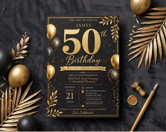 50th Birthday Invitation Template, Editable Black and Gold Birthday Invite, Luxury Milestone Birthday Digital Evite, Printable Elegant Theme
