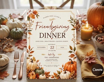 Friendsgiving Dinner Invitation Template, Editable Autumn Harvest Party Invite, Thanksgiving Dinner Card, Instant Download