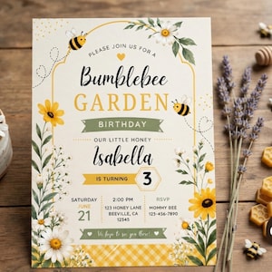May include: A rectangular birthday invitation card featuring a cream background with yellow and white floral illustrations, bumblebee graphics, and the text Bumblebee GARDEN BIRTHDAY. It includes details for Isabella turning 3 on June 21.