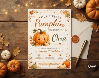 Little Pumpkin Invitation, Editable 1st Birthday Fall Invite, Pumpkin Theme Template, Boy First Birthday Invite, Autumn Bday Evite, Instant