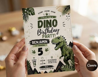 Dino Birthday Party Invitation, Editable T-Rex 5th Birthday Template, Dinosaur Milestone Celebration, Boy Birthday Invite, Instant Download