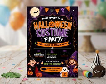 Kids Halloween Costume Party Invitation, Editable Trick or Treat Party Invite, Boys Girls Halloween Invite, Spooky Template,Instant Download