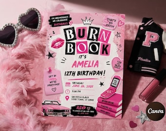 Burn Book verjaardagskaart, bewerkbare Mean Girls 12e verjaardagskaart, roze Y2K feestuitnodiging, tienerverjaardagsfeest, downloaden