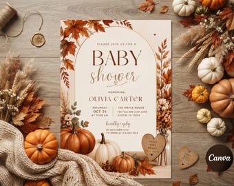 Fall Baby Shower Invitation Template, Editable Autumn Pumpkin Party Invite, Neutral Harvest Baby Sprinkle Card, Instant Download