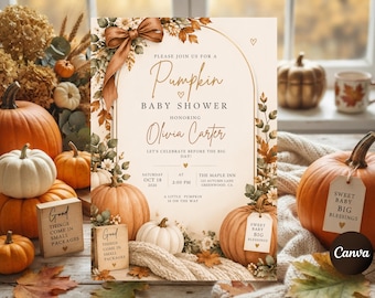 Sjabloon voor een babyshoweruitnodiging met een pompoenmotief, bewerkbare uitnodiging voor een herfstbabyshower, herfstkaart, direct te downloaden