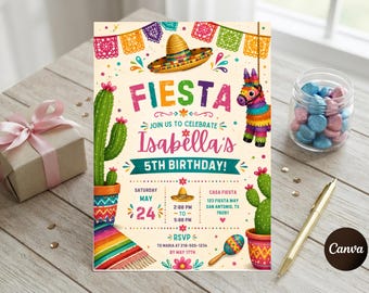 Fiesta verjaardagskaart, uitnodiging voor een Mexicaans Fiesta-feest, sjabloon voor een 5e verjaardag, uitnodiging voor een Taco Bout A Party, kleurrijke verjaardag, direct te downloaden