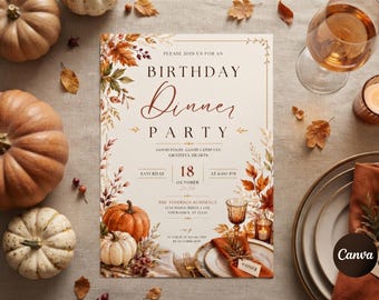Fall Birthday Dinner Invitation Template, Editable Autumn Harvest Party Invite, Thanksgiving Birthday Card, Instant Download