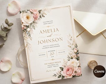 Elegant Floral Wedding Invitation Template, Editable Luxury Wedding Invite, Gold and Blush Pink Bridal Stationery, Instant Download