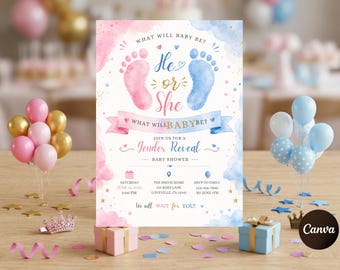 Gender Reveal Baby Shower Invitation, Editable  He or She Baby Shower Invite, Pink and Blue Foot Prints Gender Reveal Temp, Instant Download