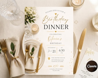 Sjabloon voor een uitnodiging voor een verjaardagsdiner, bewerkbare elegante feestuitnodiging, minimalistisch sjabloon voor een verjaardagsfeest, stijlvolle dineruitnodiging