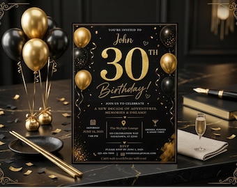Sjabloon 30e verjaardagsuitnodiging, bewerkbare zwart-gouden verjaardagsuitnodiging, luxe mijlpaal verjaardag digitale Evite, elegant verjaardagsthema