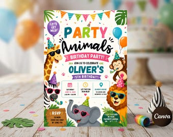 Safari Birthday Invitation, Editable 5th Birthday Invite, Party Animals Invite Template, Boys Jungle Birthday, Kids Zoo Theme Evite,Download