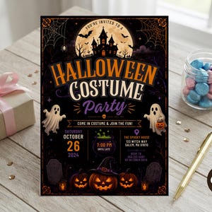 May include: A rectangular Halloween costume party invitation card featuring a haunted house, full moon, ghosts, pumpkins, and a cauldron. The text reads: You're invited to a Halloween Costume Party, Saturday October 26 2024, 7:00 PM, The Spooky House 123 Witch Way Salem, MA 01970.