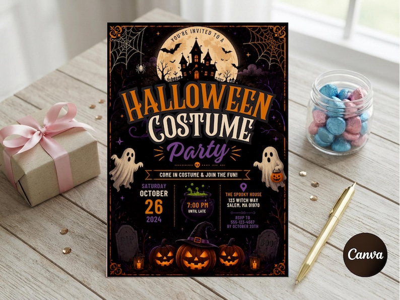May include: A rectangular Halloween costume party invitation card featuring a haunted house, full moon, ghosts, pumpkins, and a cauldron. The text reads: You're invited to a Halloween Costume Party, Saturday October 26 2024, 7:00 PM, The Spooky House 123 Witch Way Salem, MA 01970.