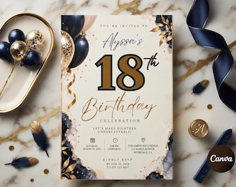 Sjabloon voor een uitnodiging voor een 18e verjaardag, bewerkbare uitnodiging voor een verjaardagsfeest in zwart-goud, elegante uitnodiging met ballonnen, direct te downloaden