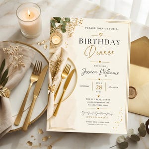 Peut inclure: Une carte d'invitation pour un dîner d'anniversaire avec une typographie élégante dorée et noire sur fond crème. Le texte indique : Please join us for a birthday dinner honoring Jessica Williams, Saturday June 28 2026 at 6:30 PM, The Ivy Restaurant.