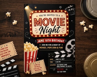 Movie Night Birthday Invitation, Editable Cinema Birthday Party Invite Template, Movie Theater Bday Evite, Sleepover Film Theme Digital