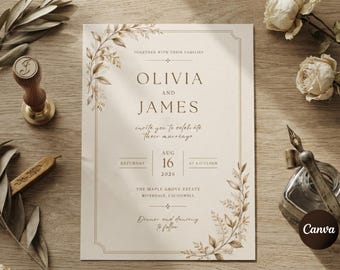 Elegant Botanical Wedding Invitation Template, Editable Minimalist Floral , Neutral Wedding Card, Instant Download