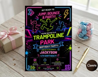 Neon Trampoline Park Birthday Invitation, Glow Party Bounce Invite, Kids Jump Party Template, Editable Neon Birthday Evite, Instant Download