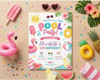 Pool Party Birthday Invitation, Flamingo Splish Splash Summer Invite (Digital Download)